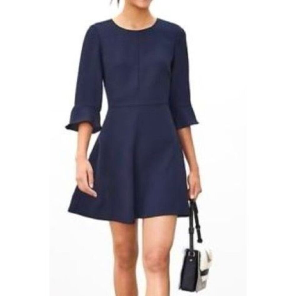NWT Banana Republic Solid Navy Crepe Flounce Bell Sleeve Shift Dress Women's 6US